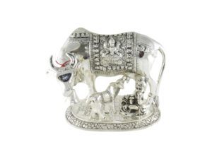 Oxidized Silver Plated Cow with Krishna and Calf