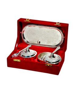 Silver Plated Handmade Engraved Table Bowl Set With Tray (Set Of 5 Pieces) With Velvet Box