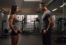 Muscular man and woman looking at each other in the gym. Concept for workout passion.