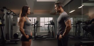 Muscular man and woman looking at each other in the gym. Concept for workout passion.