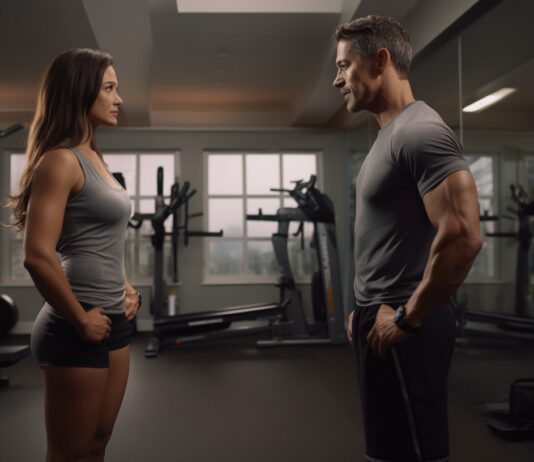 Muscular man and woman looking at each other in the gym. Concept for workout passion.