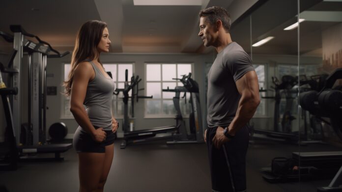 Workout Passion Muscular man and woman looking at each other in the gym. Concept for workout passion.
