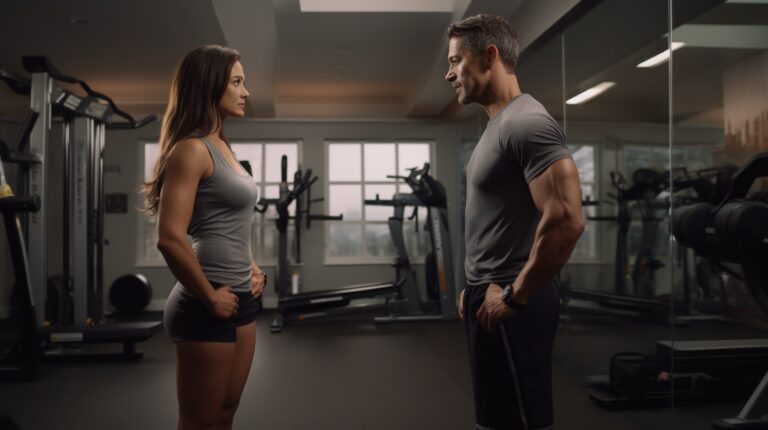 Muscular man and woman looking at each other in the gym. Concept for workout passion.